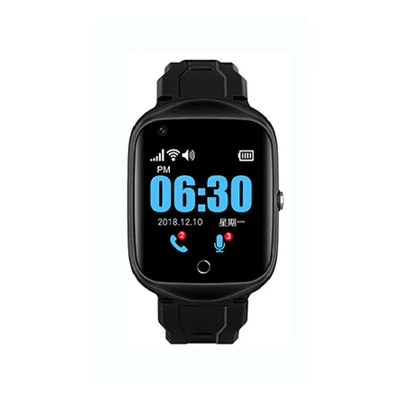 Square black GPS smartwatch for elderly positioning with a silicone strap on a wrist