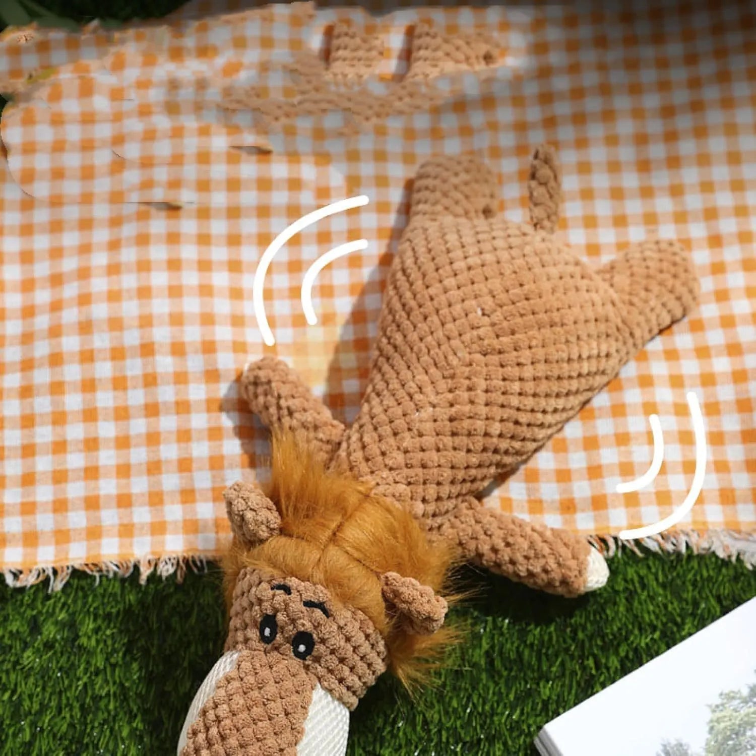 Four plush dog chew toys in green, grey and yellow with corn kernel texture design