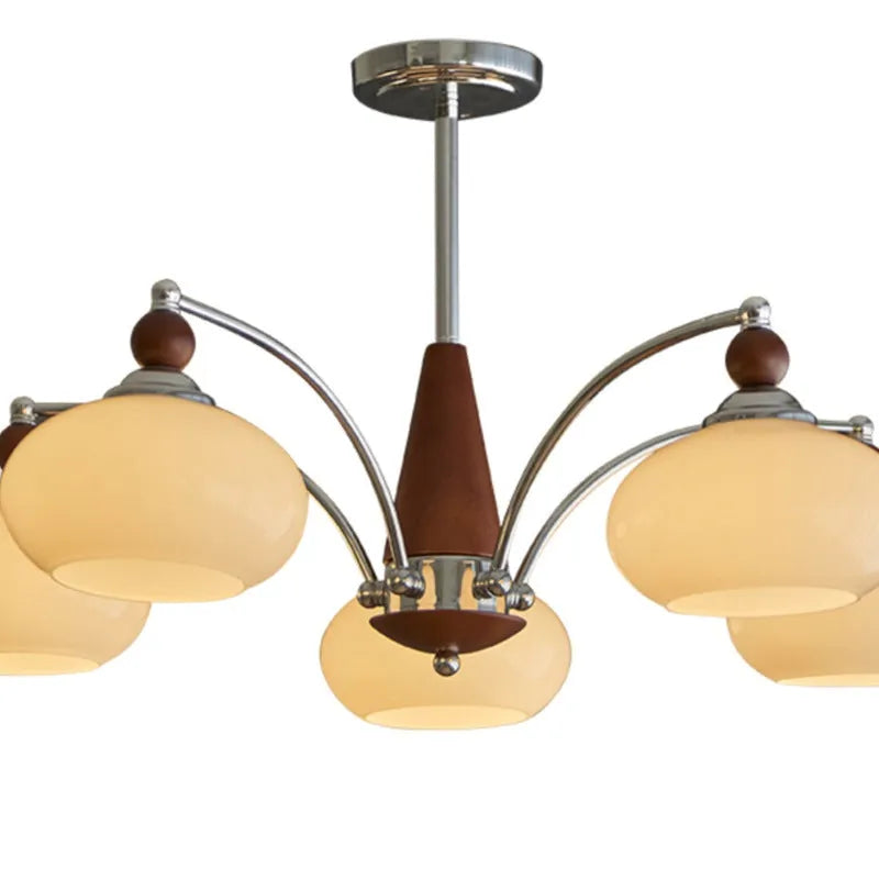 Persimmon glass and chrome chandelier with multiple lampshades in a Middle Ancient style