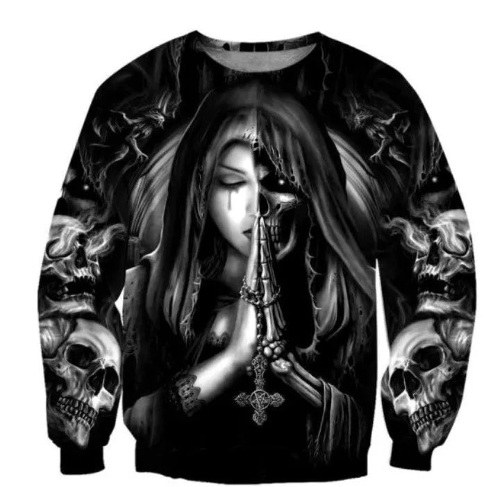 Halloween skull anime 3D graphic on a grey hooded sweatshirt with long sleeves.