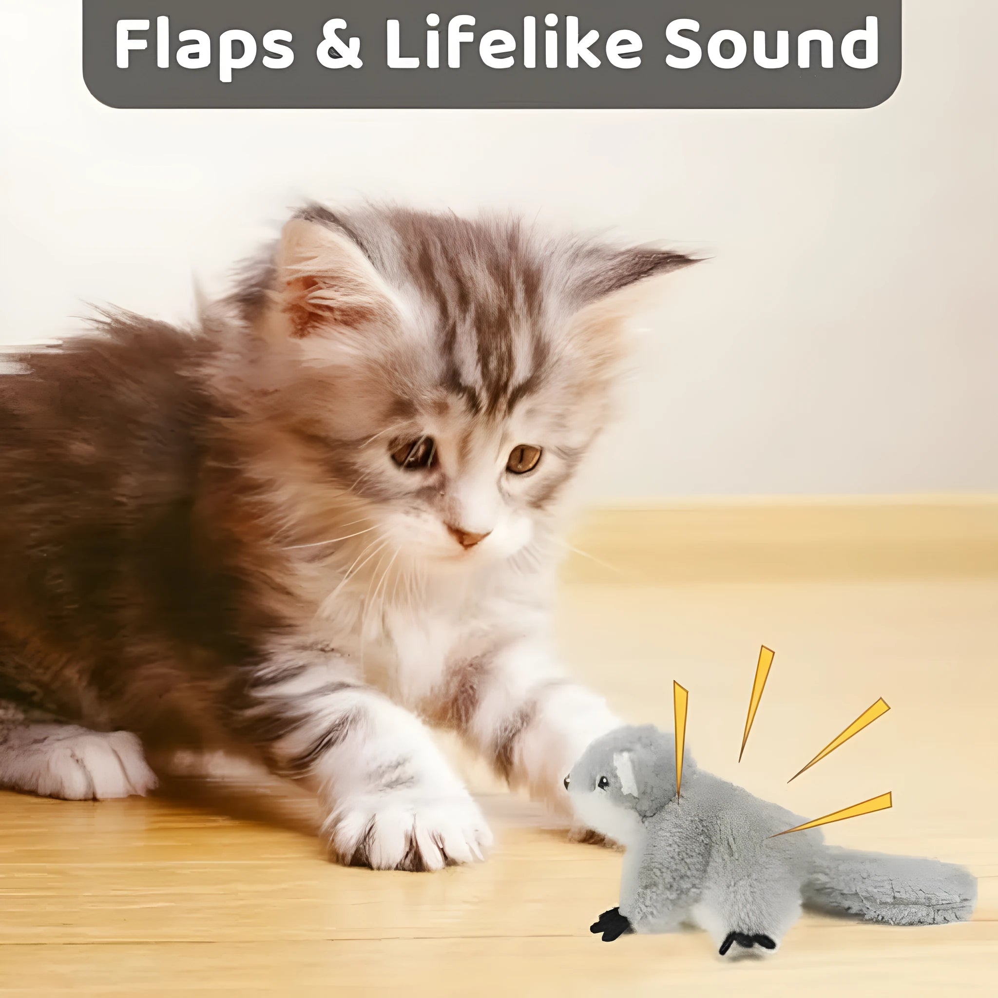 Grey flapping squirrel cat toy with USB charging cable and motion sensor activation