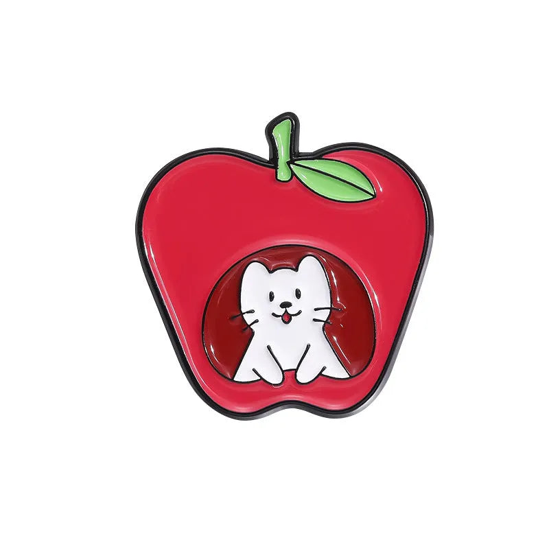 Colourful cartoon fruit design metal brooch with letters on a zinc alloy pin.