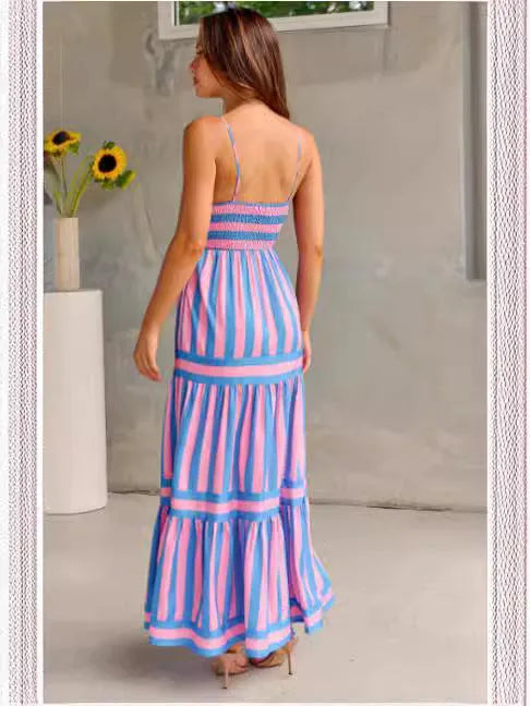 Women's striped long dress with suspender straps and side pockets in backless square neck design