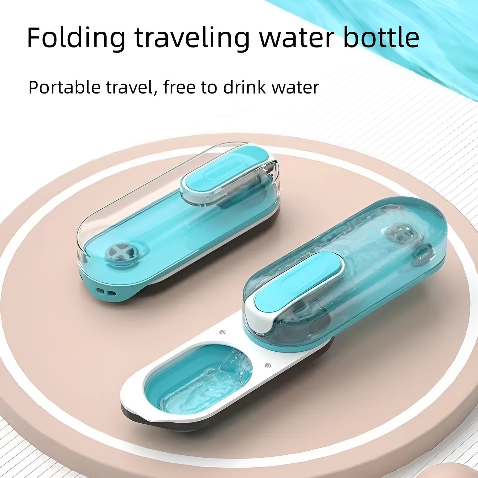 Blue portable pet water bottle with foldable silicone drinking bowl extended, showing carrying strap.