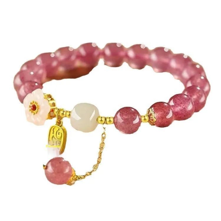 Handmade strawberry quartz crystal bracelet with Hetian jade peach blossom design showing five style variations