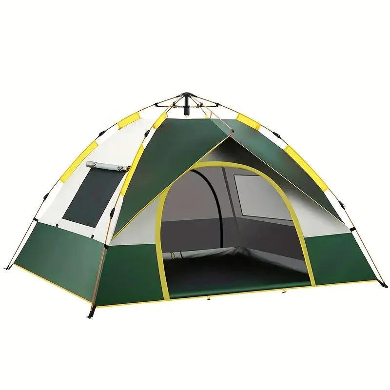 Dark green silver glue 3-4 person camping tent with automatic quick-open system shown in outdoor setting