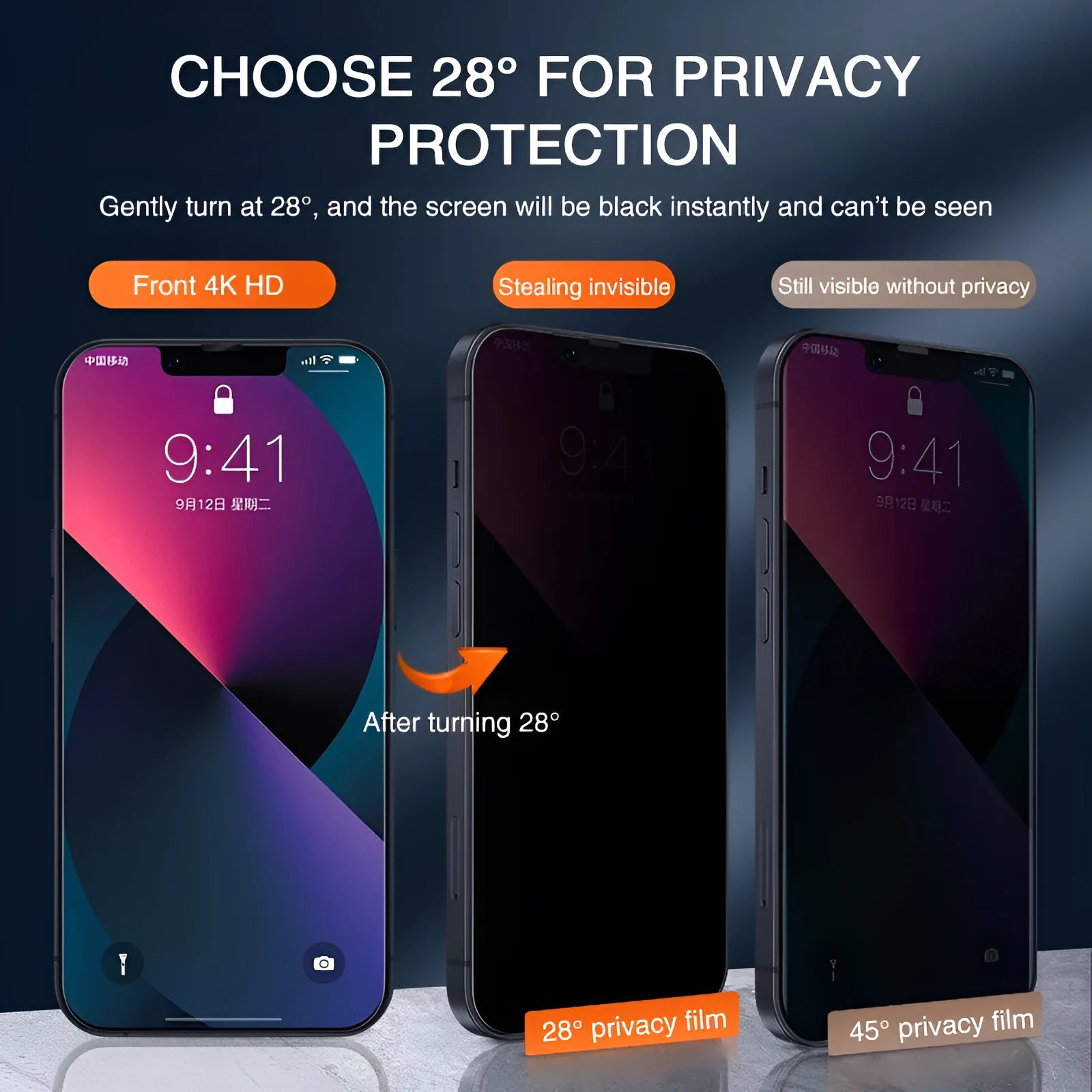 Anti-peeping tempered glass screen protector for iPhone showing full-screen coverage.