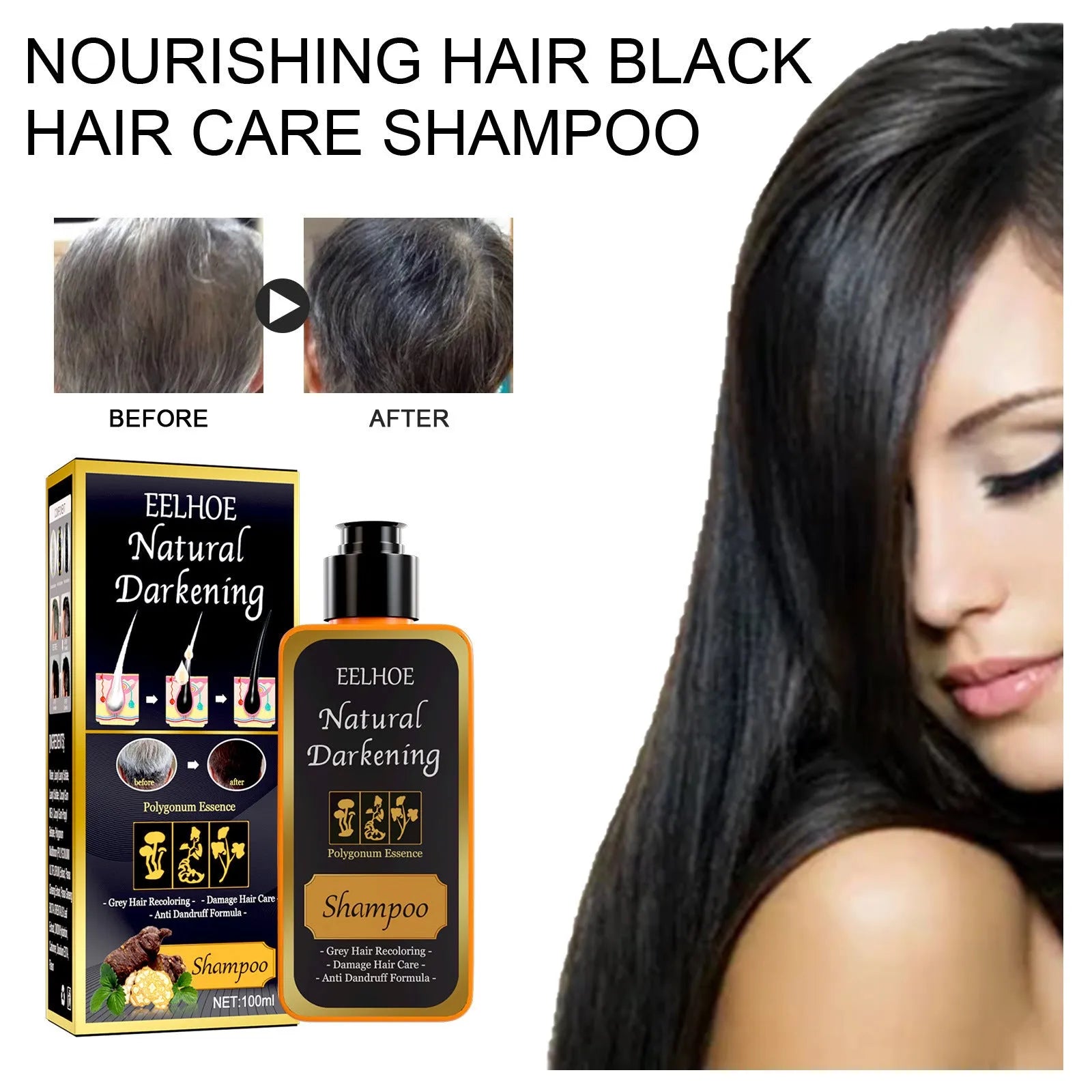 Boxed 100ml bottle of Polygonum Multiflorum Shampoo for black hair colour restoration and scalp care.