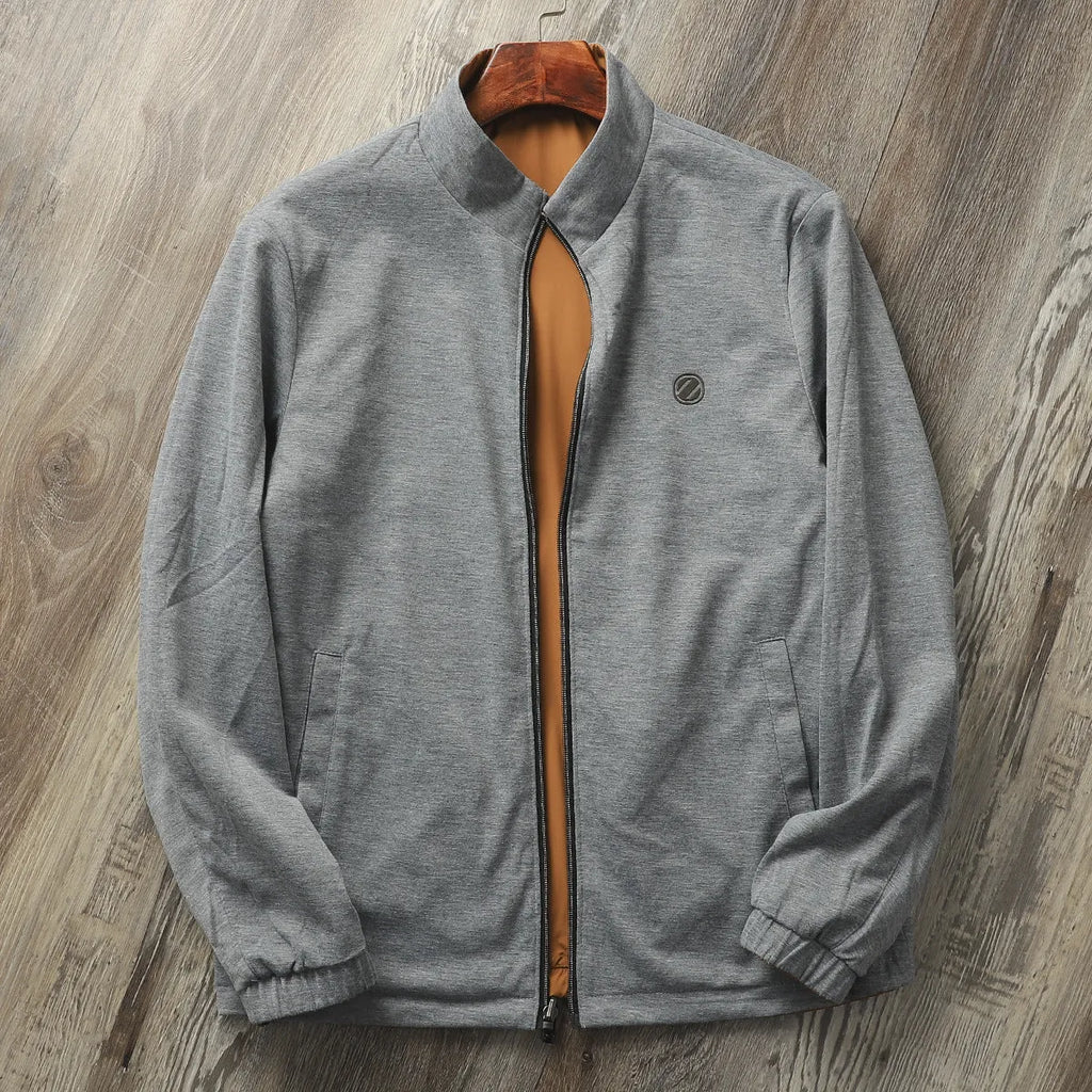 Men's stand collar simple jacket in a polyester blend fabric shown in Army Green colour.