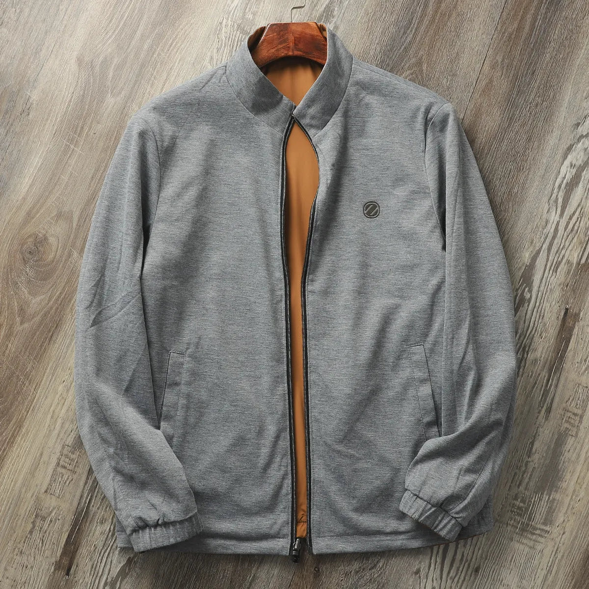 Men's stand collar simple jacket in a polyester blend fabric shown in Army Green colour.