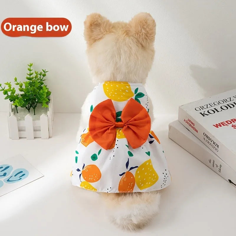 Orange bow floral butterfly knot ultra-thin polyester dress on a small dog.