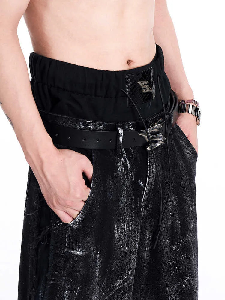 Black men's two-layer cowhide leather belt with a metal letter buckle, length 110cm.