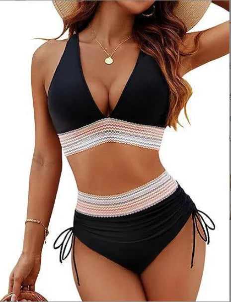 High waisted colour block bikini set with drawstring in polyester fabric for swimming
