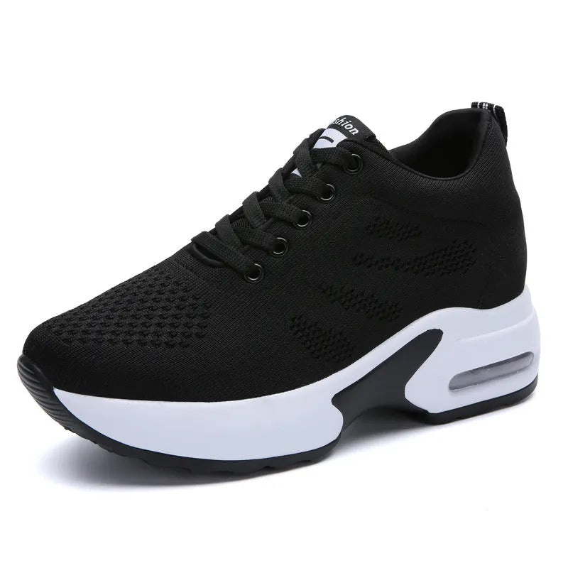 Soft sole mesh height-increasing platform casual shoes in black, side view