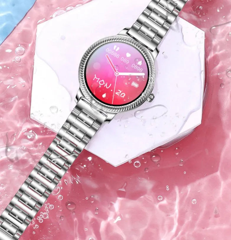 AK38 ladies smart watch with stainless steel strap and 1.09 inch colour touchscreen display