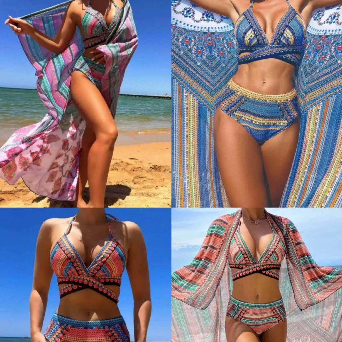 Women's three-piece bikini swimsuit set with cross bandage design, high waist briefs, and smock cover-up