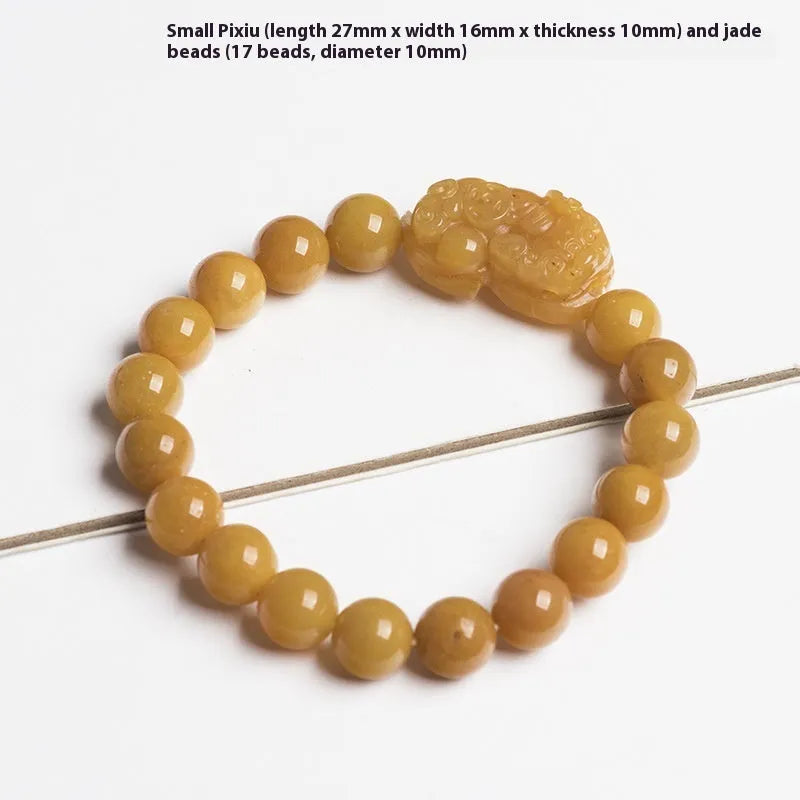Hand-carved Jinsi Jade money bracelet showing golden thread patterns, displayed in large and small size options.