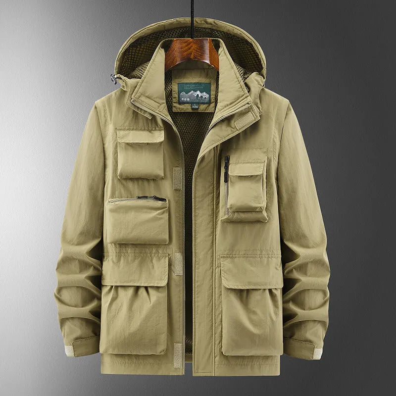 Outdoor shell jacket overalls jacket in khaki with patch pockets, nylon blend, Japanese-style cut