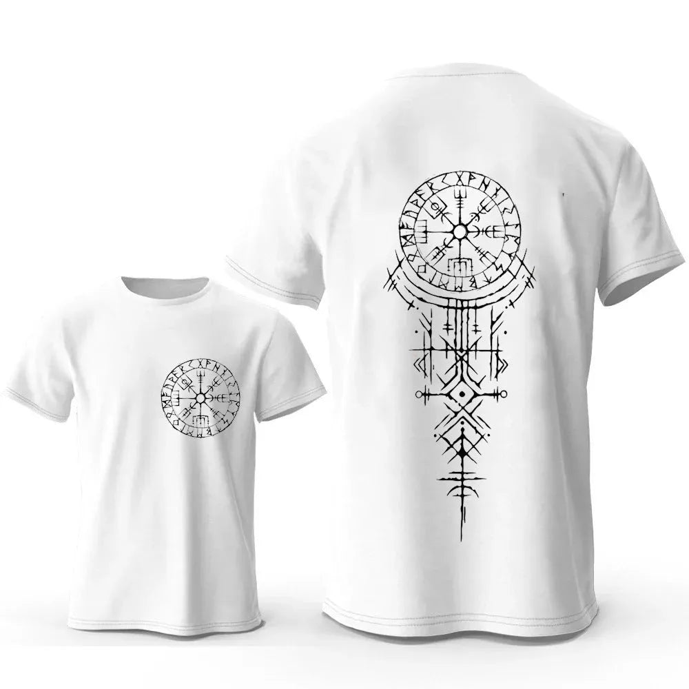 Men's grey T-shirt with a white Viking rune compass graphic on the chest