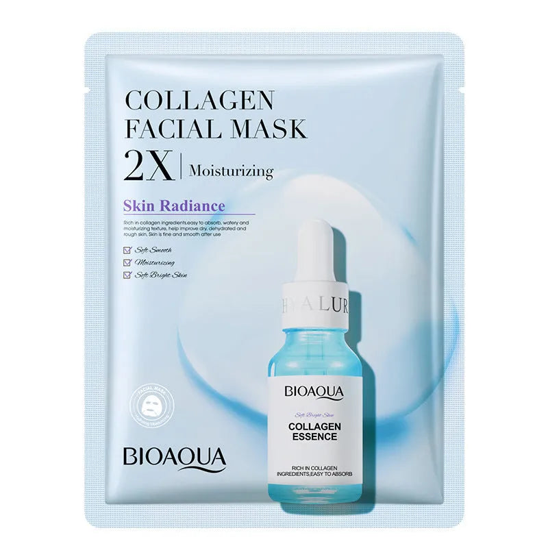 Single 30g collagen and hyaluronic acid gel sheet facial mask on a blue background.
