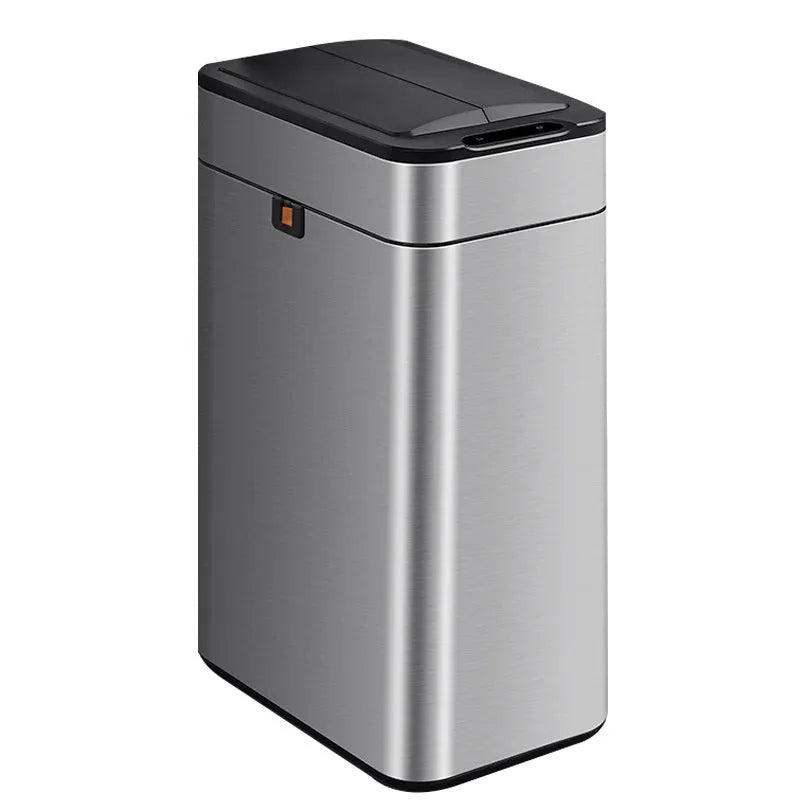 Square inductive sensor bin with automatic lid and deodorant system in stainless steel finish