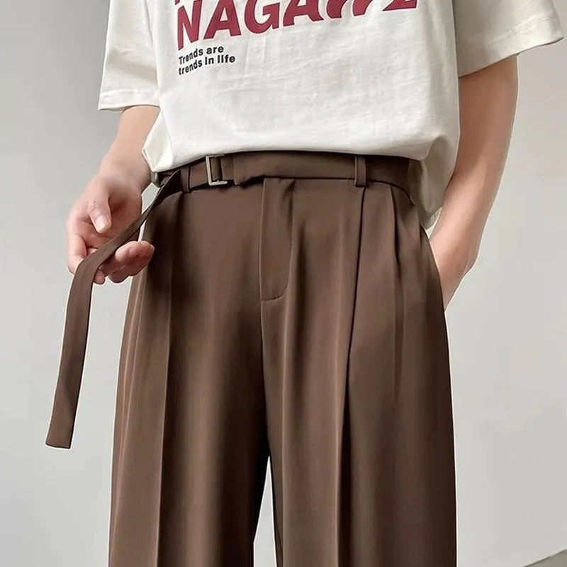 Thin straight black wide leg pants with loose casual fit and non-ironing finish