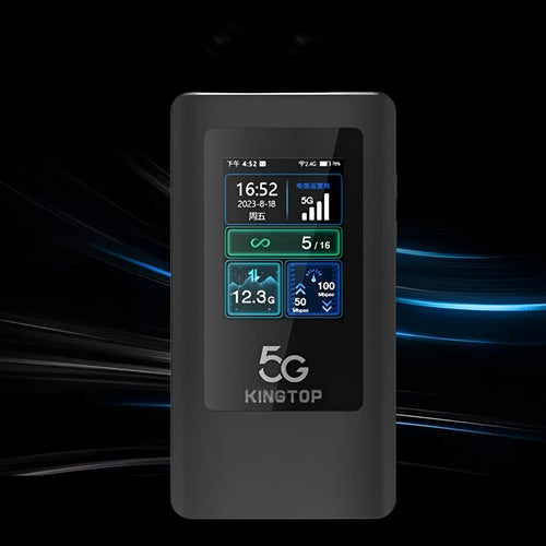 Black 5G portable Wi-Fi router with LCD screen, showing a compact design with a Type-C port and power button.