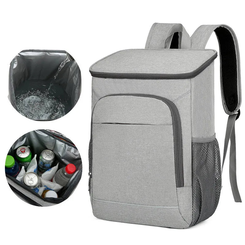 Large black outdoor backpack with curved shoulder straps showing expansion compartments for thermal picnic storage
