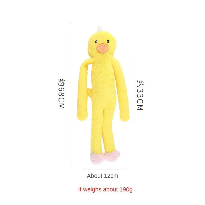 Large pink and yellow plush dog toy with rattle and paper sound elements for golden retrievers