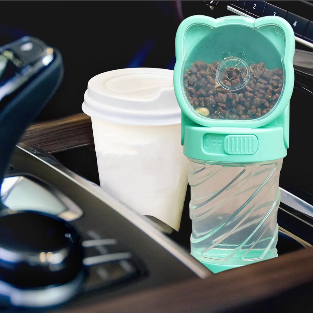Green pink white portable pet water bottle with food container and waste bag dispenser