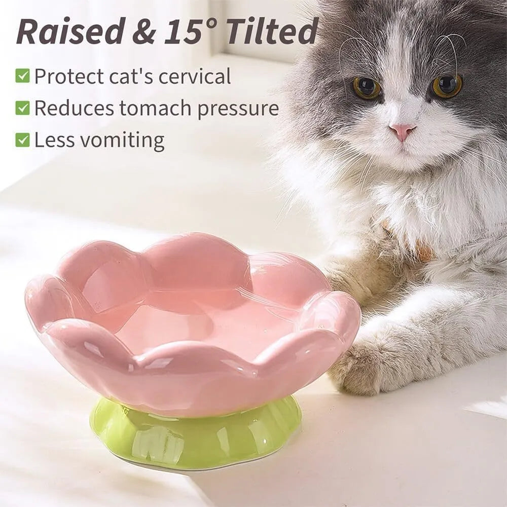 Ceramic Raised Cat Bowl Shallow Wide Flower Design Anti-Vomiting And Whisker Fatigue Non-Slip Tilted 15-Degree Angle Cute Cat Food And Water Bowls For Indoor Cats Pink