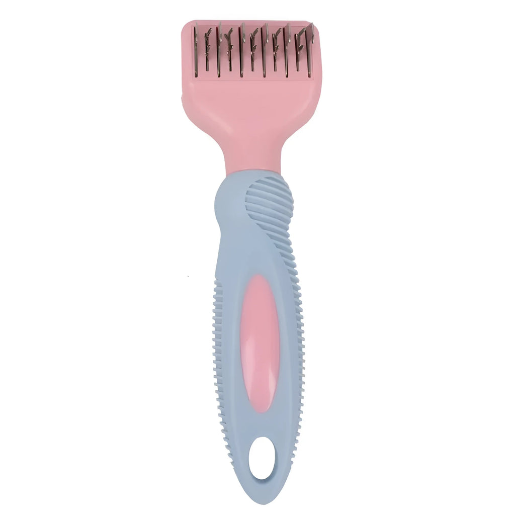 Pink stainless steel pet comb with comb teeth and an integrated knot-cutting knife blade.