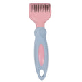 Pink stainless steel pet comb with comb teeth and an integrated knot-cutting knife blade.