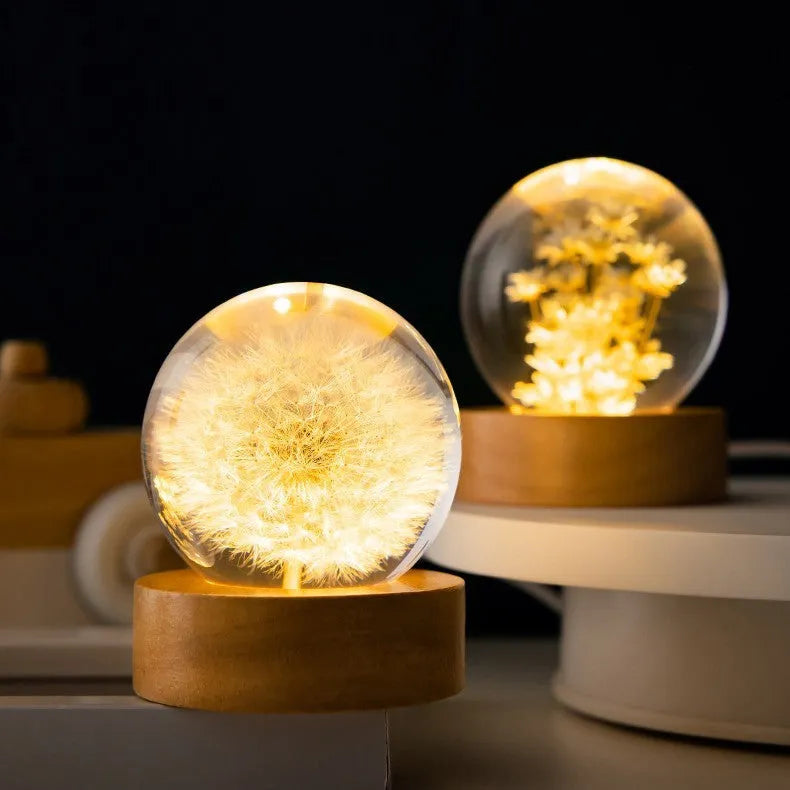 3D dandelion crystal ball night light on beech wood stand, USB powered desktop ornament