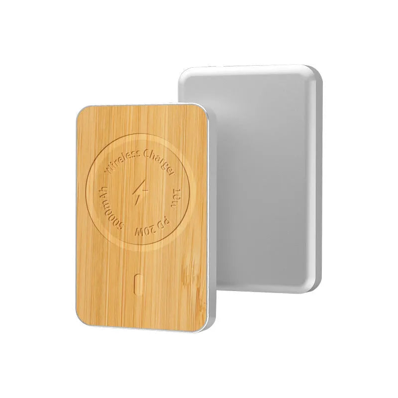 Khaki alloy magnetic wireless charging bank showing compact rectangular design with USB port