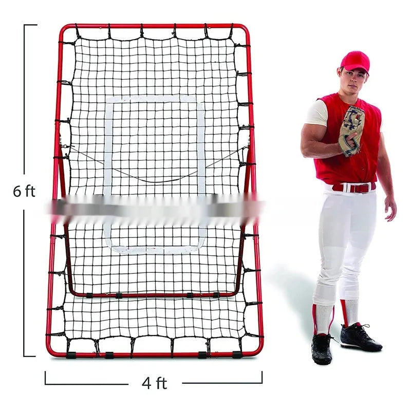 Red portable baseball training net with metal frame in 4x6 feet size