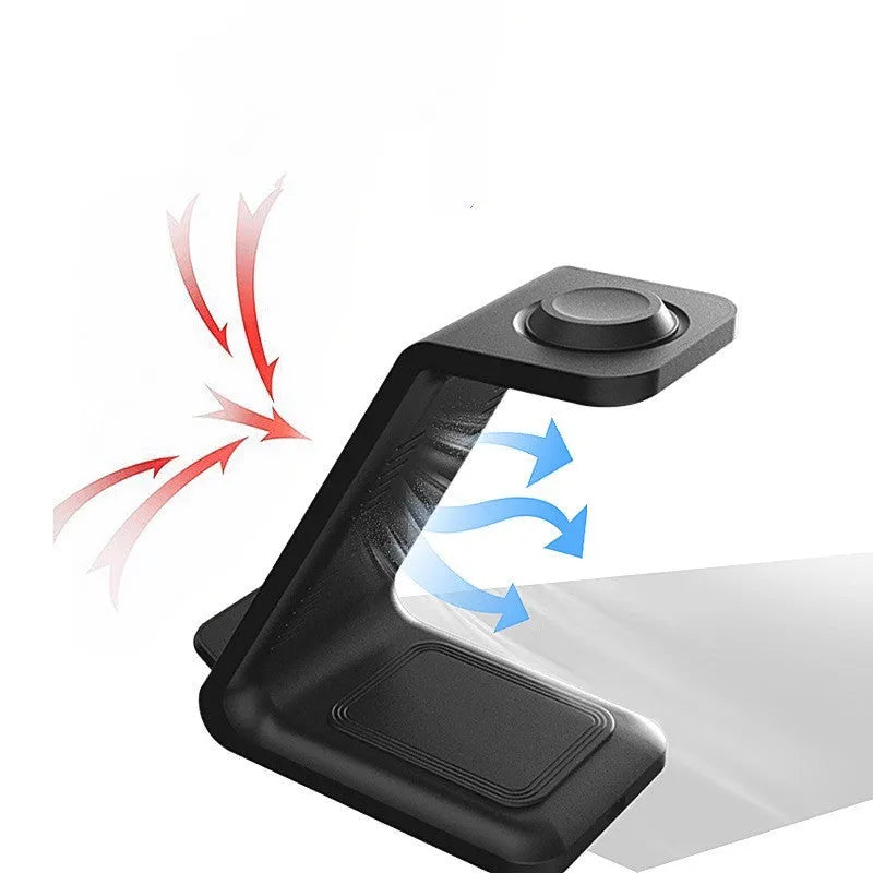 Black and white upright wireless phone charger with dual coil technology and integrated TYPE-C cable
