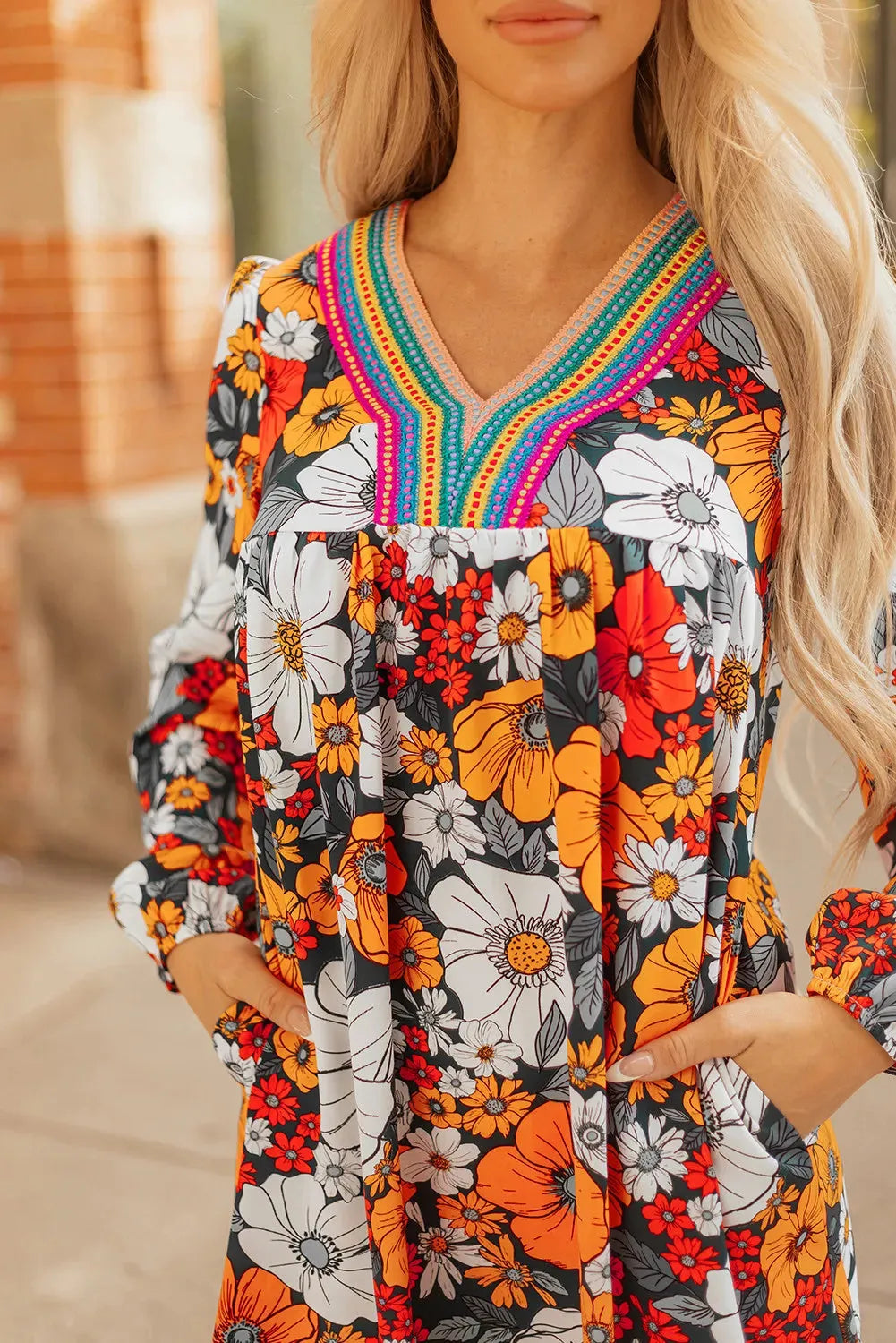 Orange floral print striped lace v neck mini dress with long sleeves
