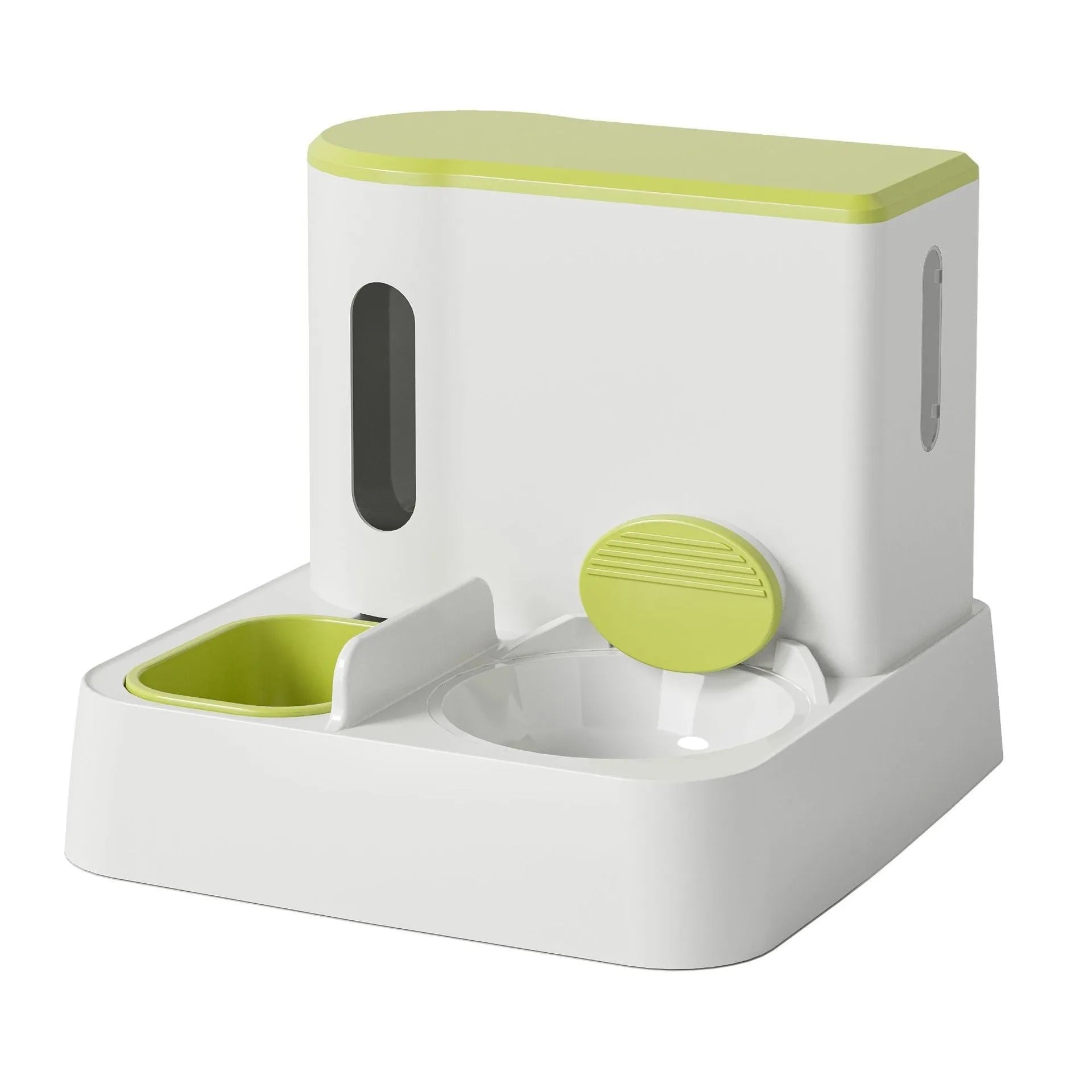 Automatic cat feeder with integrated water dispenser showing grey, green, and yellow colour options