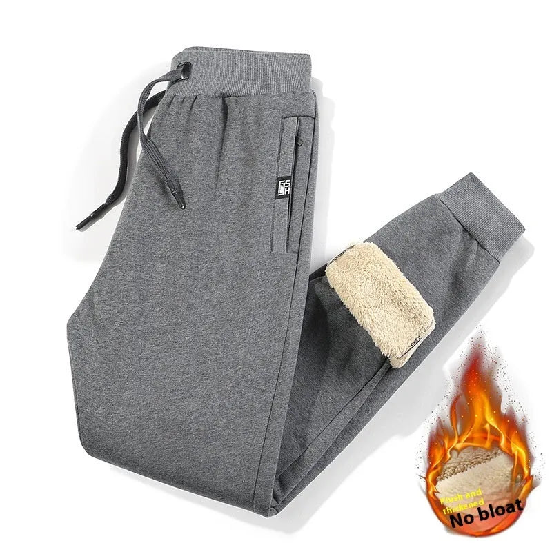 Men's grey fleece-lined cotton track pants with straight-leg styling and micro-elastic waistband