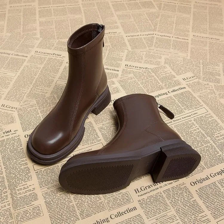 Women's thick heel flat ankle boots with round toe and back zip closure