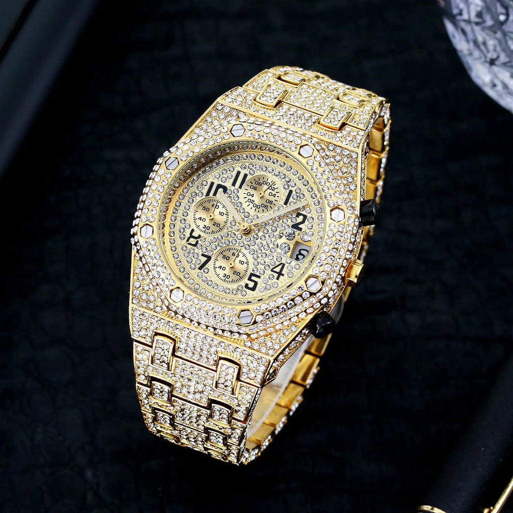Full diamond three-eye chronograph quartz men's watch with 45mm gold alloy strap