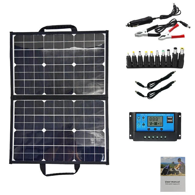 Black 40W single crystal solar panel folded in carrying bag with dimensions 425x285x8mm