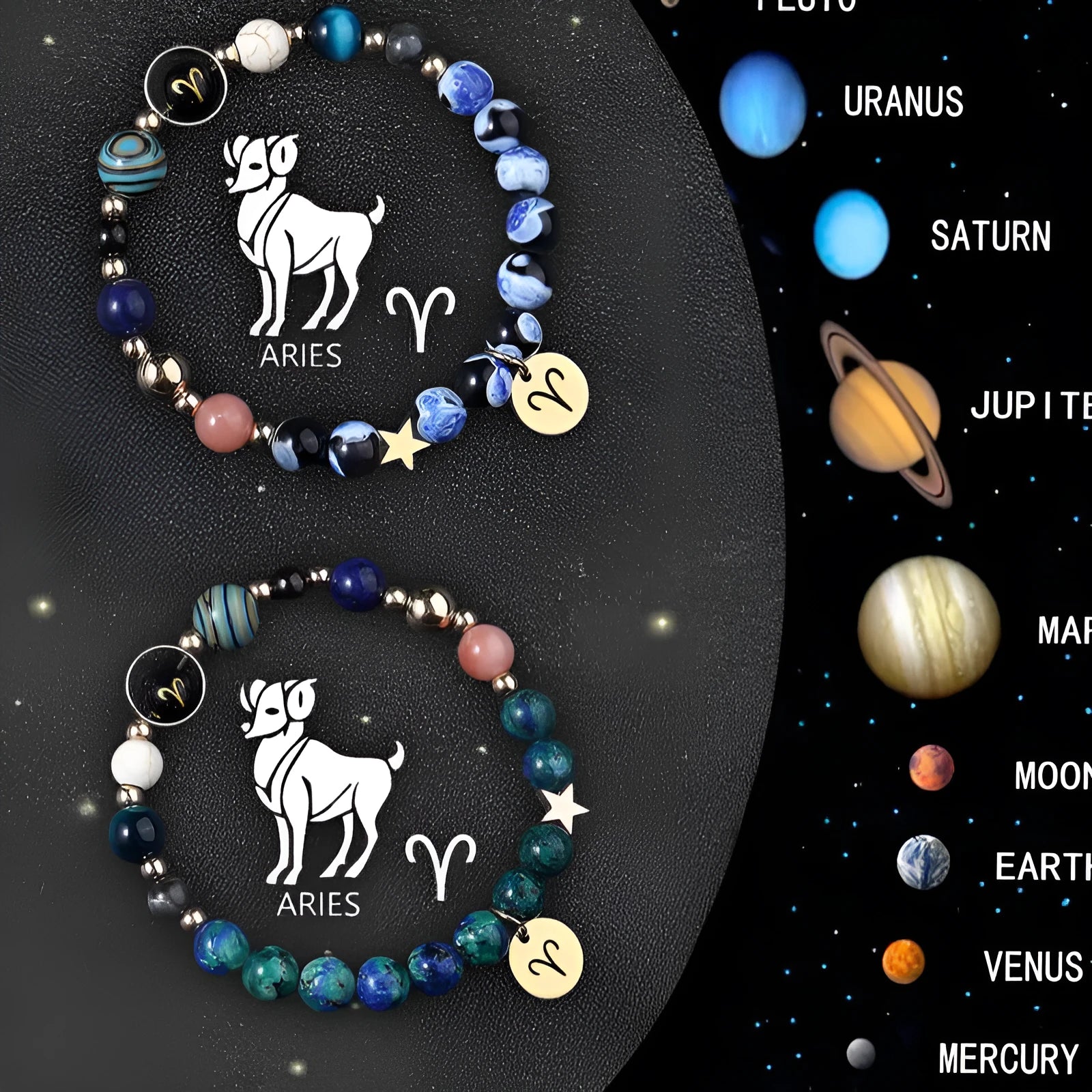 Natural stone zodiac bracelet with adjustable sliding knot closure showing astrology symbol beads