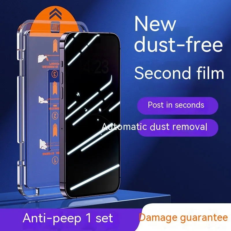 Tempered glass iPhone screen protector with dust-free installation kit and frosted privacy finish