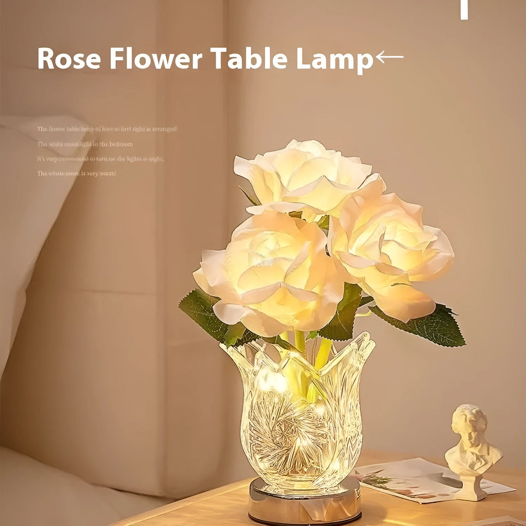 Crystal flowers rechargeable touch control table lamp with dimming function on wooden surface