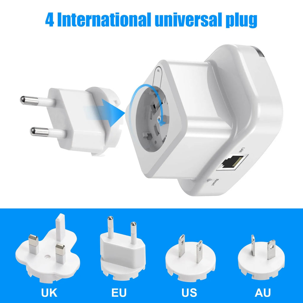 Black Wi-Fi range extender with WPS button plugged into a wall socket, model with UK plug