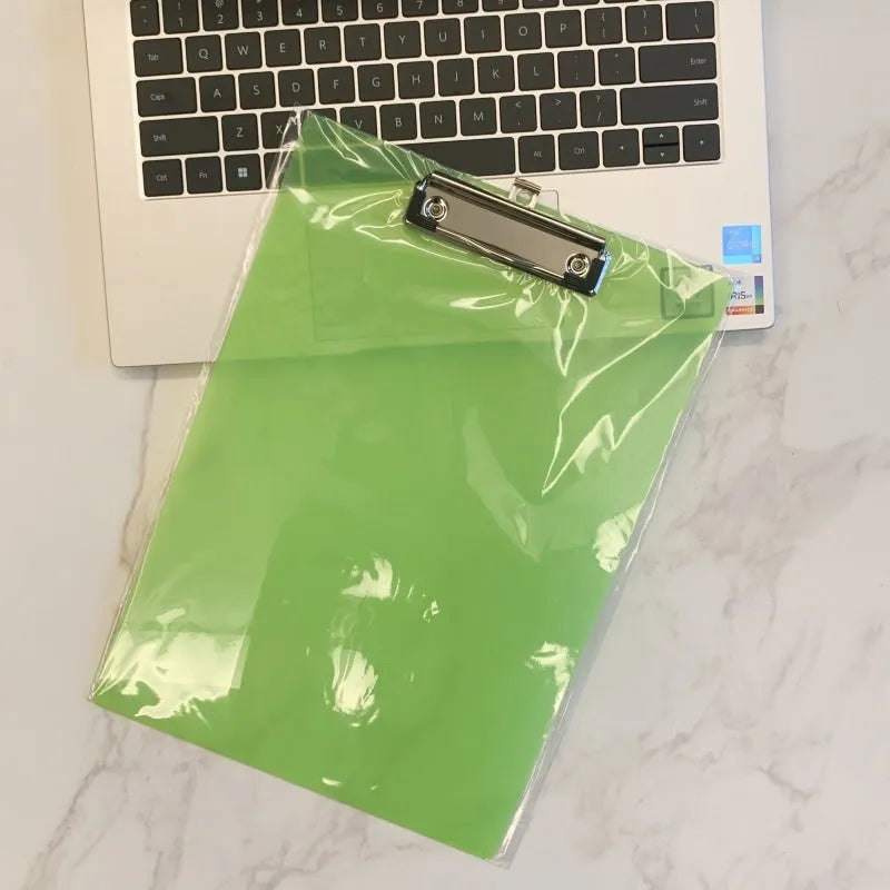 Transparent A4 plate holder with metal clip showing document visibility and colour options