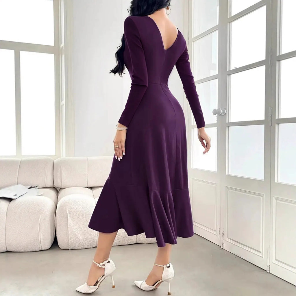 Purple women's long sleeve dress with ruffle detail and mid waist