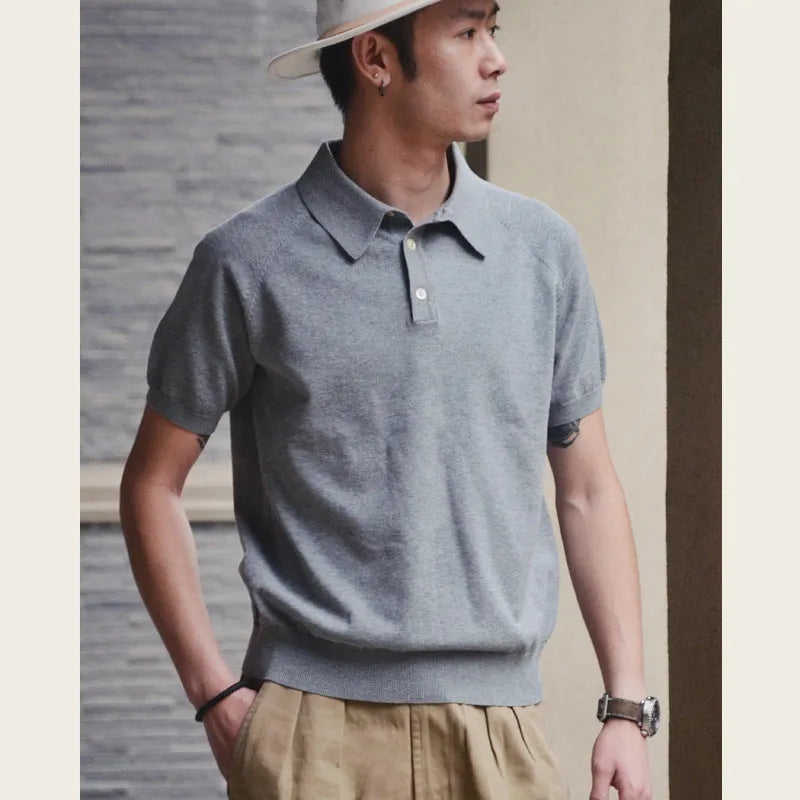 Retro slim fit knitted cotton short-sleeved T-shirt in earth-tone colours